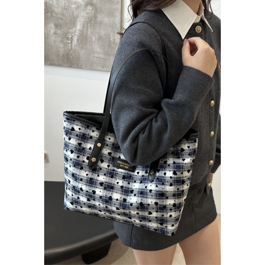 Heart Plaid PU Leather Strap Tote Bag Apparel and Accessories