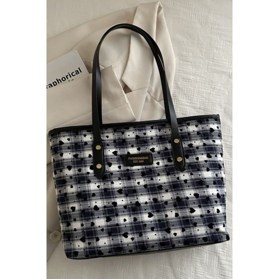 Heart Plaid PU Leather Strap Tote Bag Black / One Size Apparel and Accessories