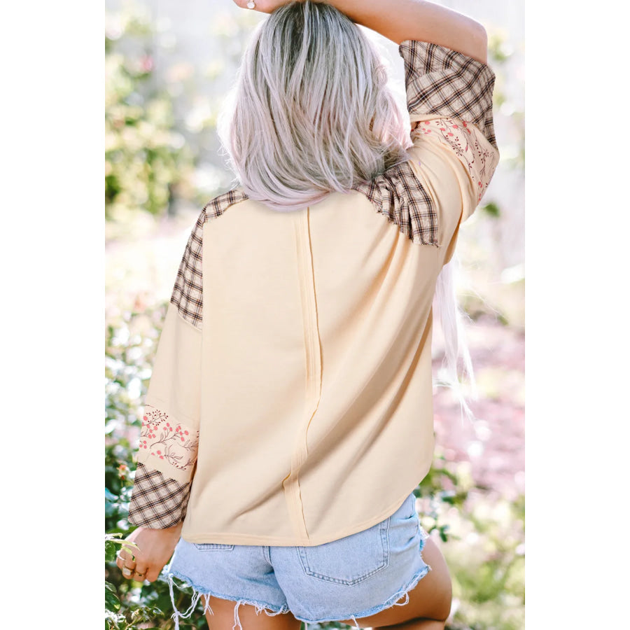 Heart Plaid Round Neck Long Sleeve Blouse Tan / S Apparel and Accessories