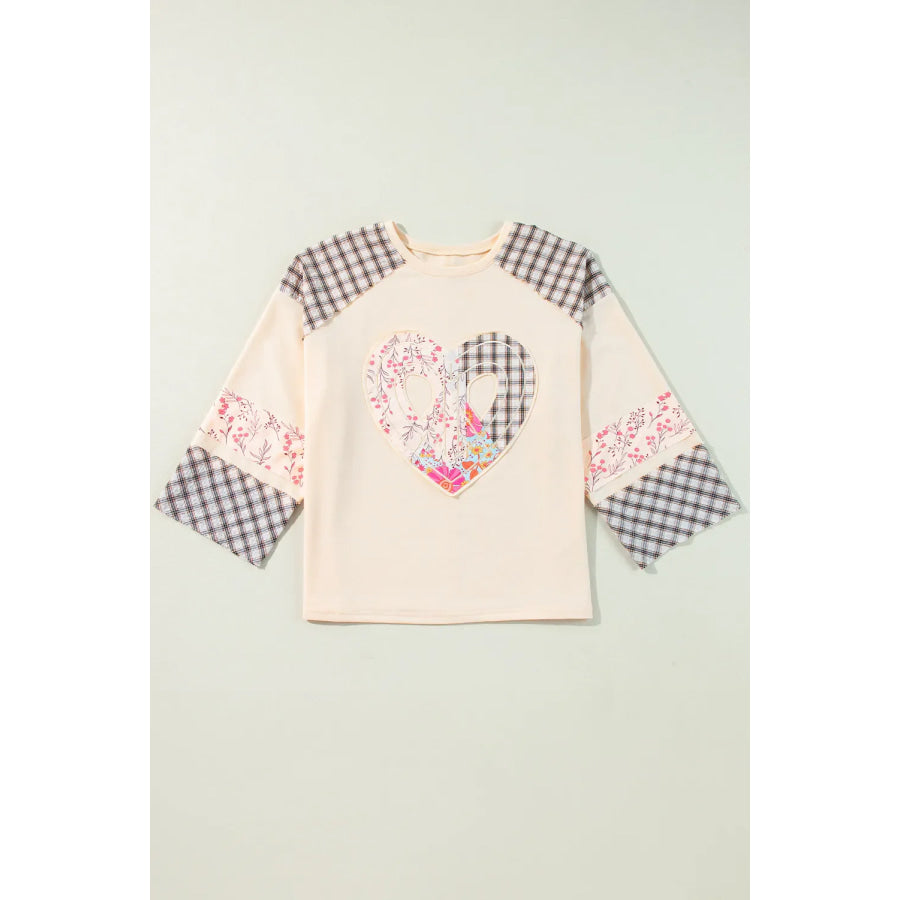 Heart Plaid Round Neck Long Sleeve Blouse Apparel and Accessories