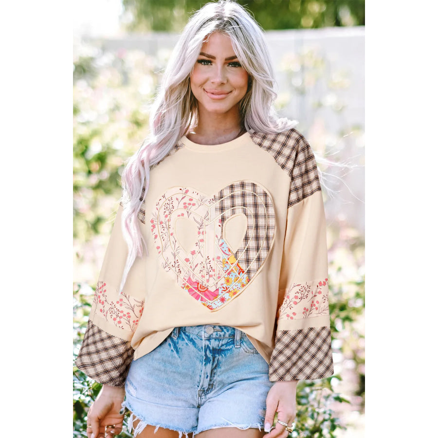 Heart Plaid Round Neck Long Sleeve Blouse Tan / S Apparel and Accessories