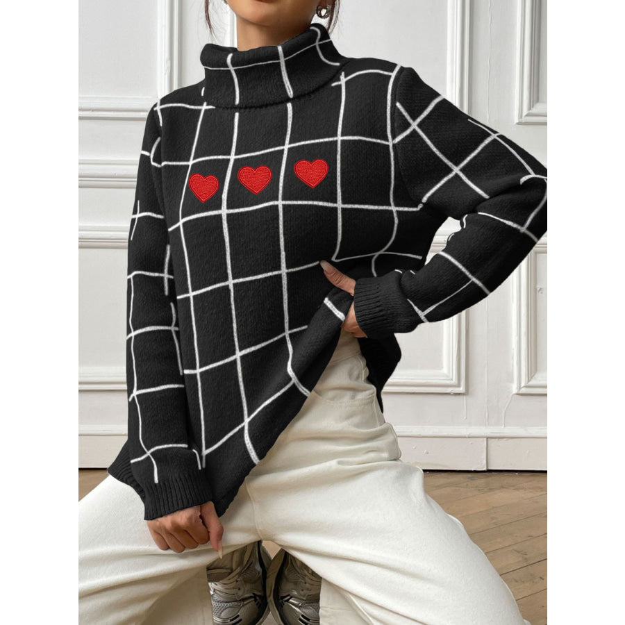 Heart Plaid Turtleneck Long Sleeve Sweater Apparel and Accessories