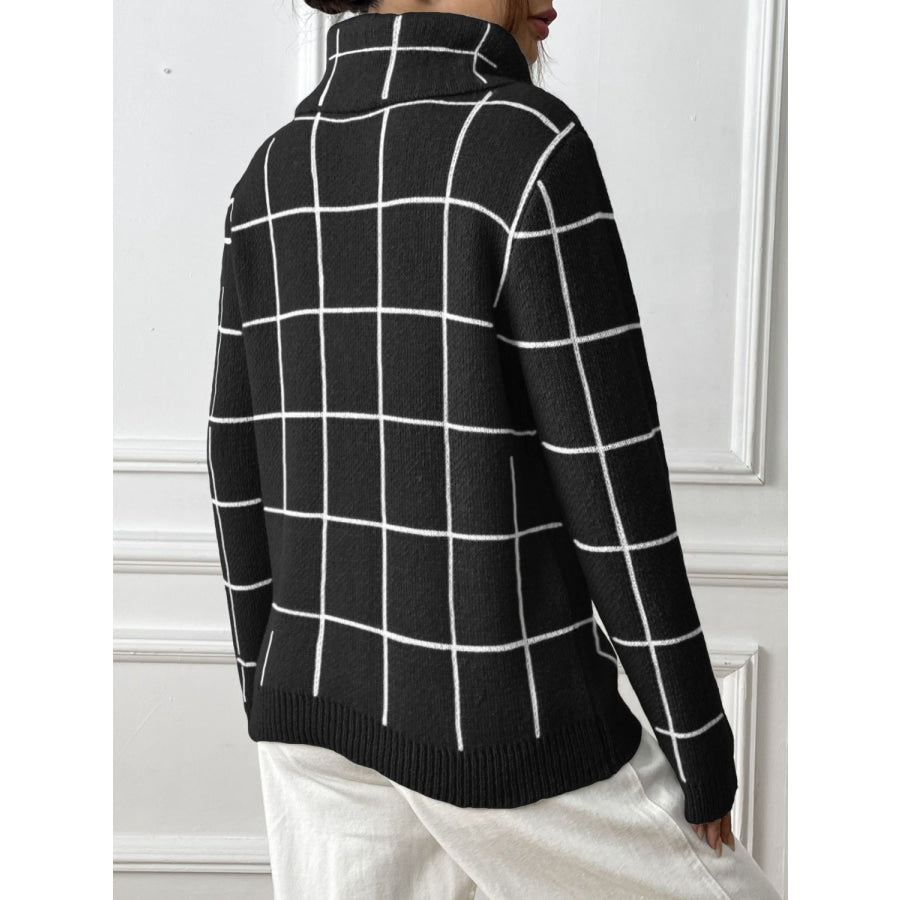 Heart Plaid Turtleneck Long Sleeve Sweater Apparel and Accessories