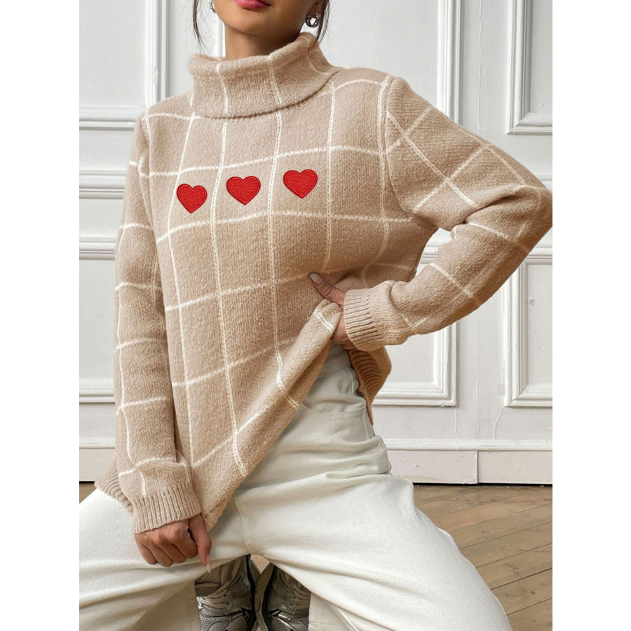 Heart Plaid Turtleneck Long Sleeve Sweater Apparel and Accessories