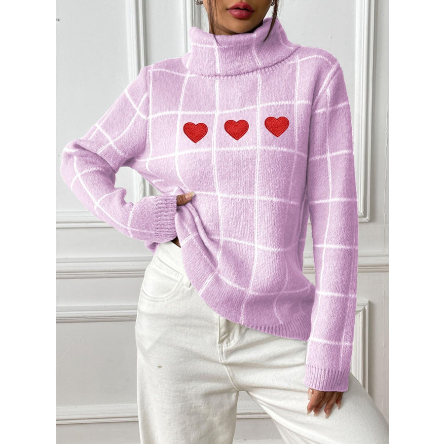 Heart Plaid Turtleneck Long Sleeve Sweater Apparel and Accessories