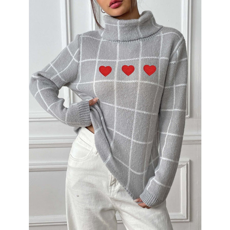 Heart Plaid Turtleneck Long Sleeve Sweater Apparel and Accessories