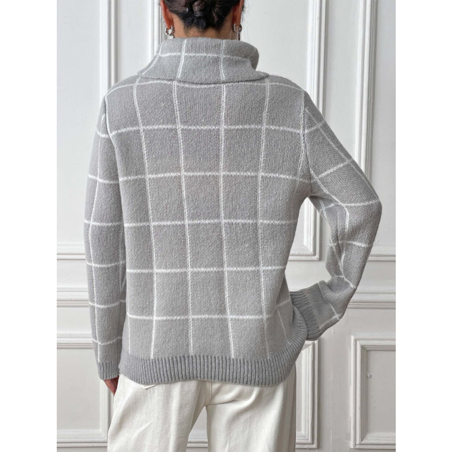 Heart Plaid Turtleneck Long Sleeve Sweater Apparel and Accessories