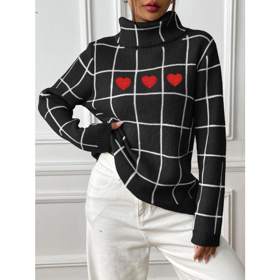 Heart Plaid Turtleneck Long Sleeve Sweater Apparel and Accessories