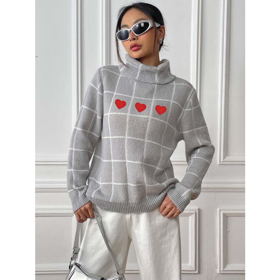 Heart Plaid Turtleneck Long Sleeve Sweater Apparel and Accessories