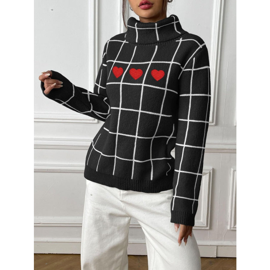 Heart Plaid Turtleneck Long Sleeve Sweater Black / S Apparel and Accessories