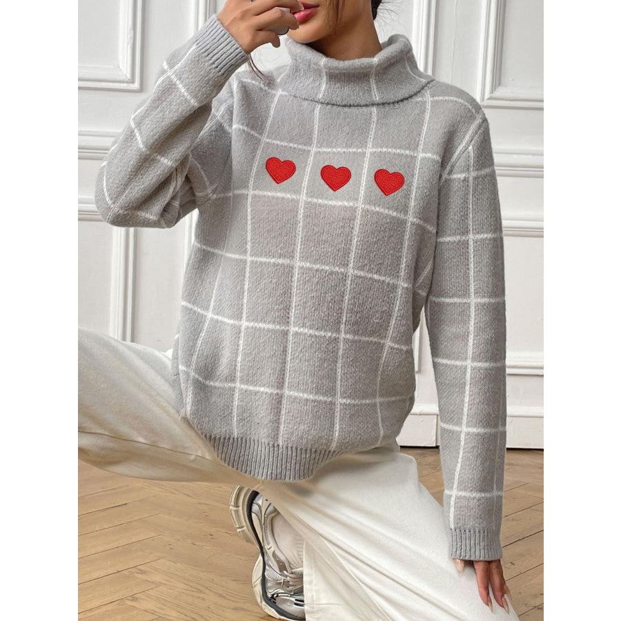 Heart Plaid Turtleneck Long Sleeve Sweater Light Gray / S Apparel and Accessories