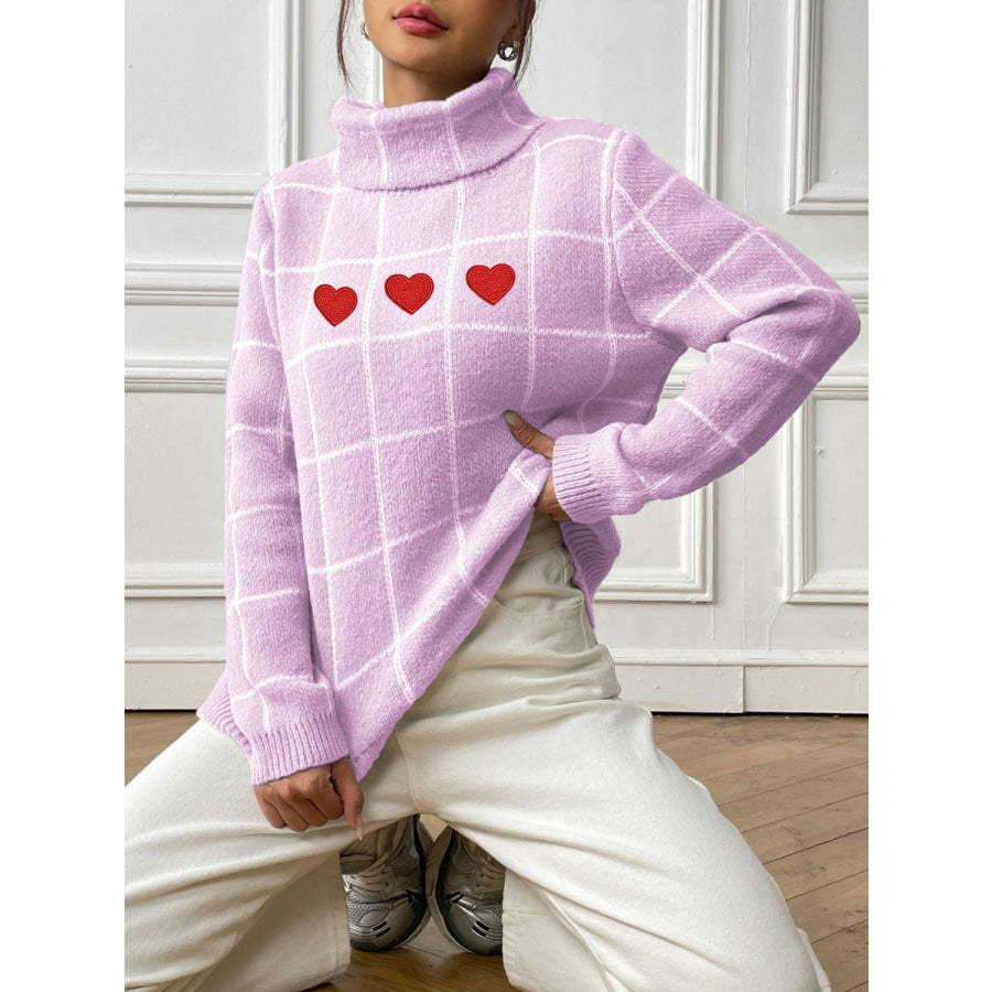 Heart Plaid Turtleneck Long Sleeve Sweater Pink Purple / S Apparel and Accessories