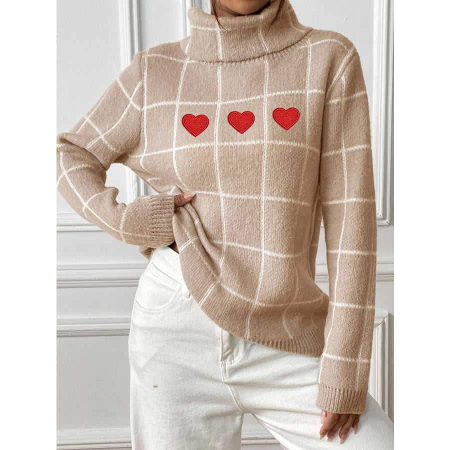 Heart Plaid Turtleneck Long Sleeve Sweater Tan / S Apparel and Accessories