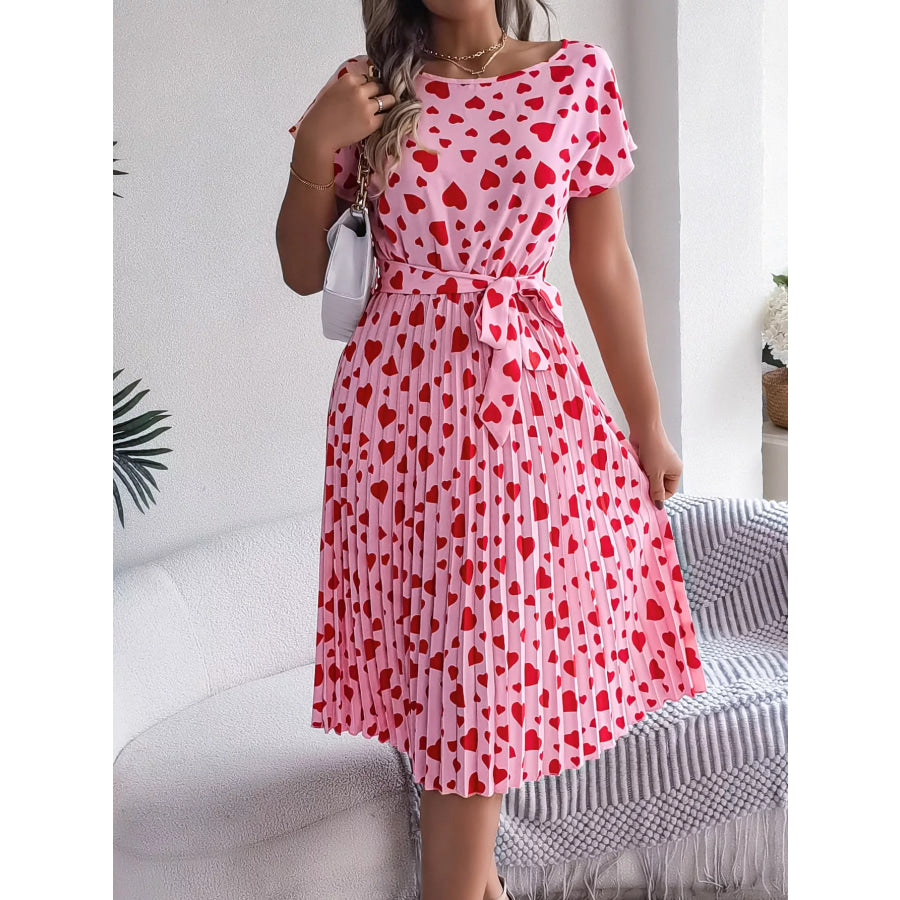 Heart Print Belted Pleated Midi Dress Apparel and Accessories
