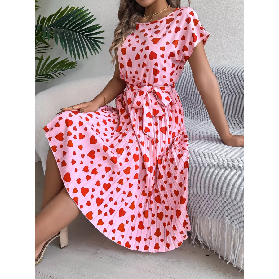 Heart Print Belted Pleated Midi Dress Apparel and Accessories