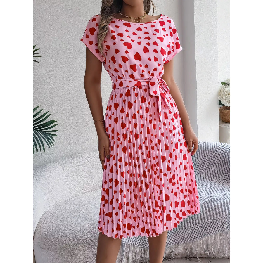 Heart Print Belted Pleated Midi Dress Apparel and Accessories