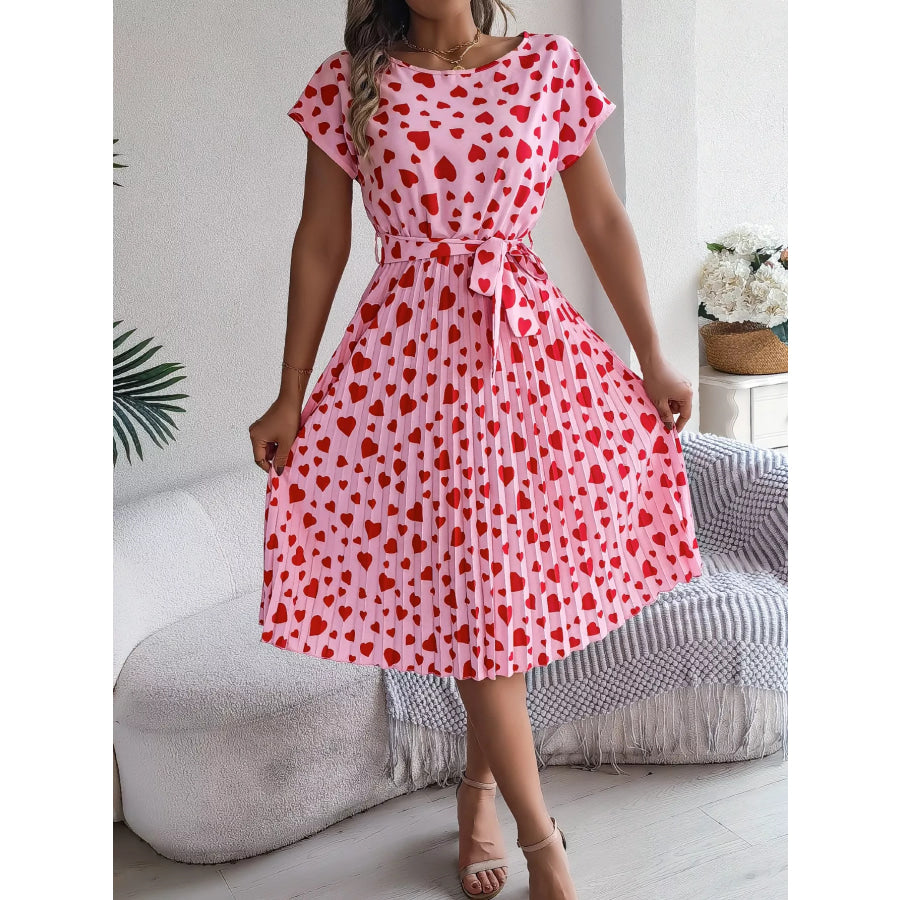 Heart Print Belted Pleated Midi Dress Pink / S Apparel and Accessories