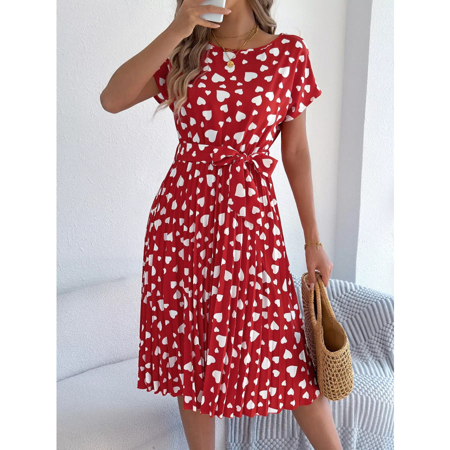 Heart Print Belted Pleated Midi Dress Apparel and Accessories
