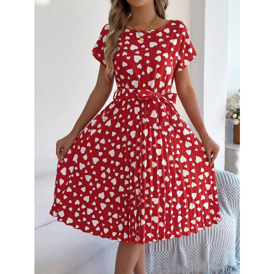 Heart Print Belted Pleated Midi Dress Deep Red / S Apparel and Accessories