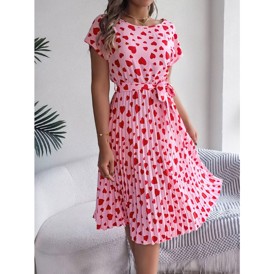 Heart Print Belted Pleated Midi Dress Pink / S Apparel and Accessories