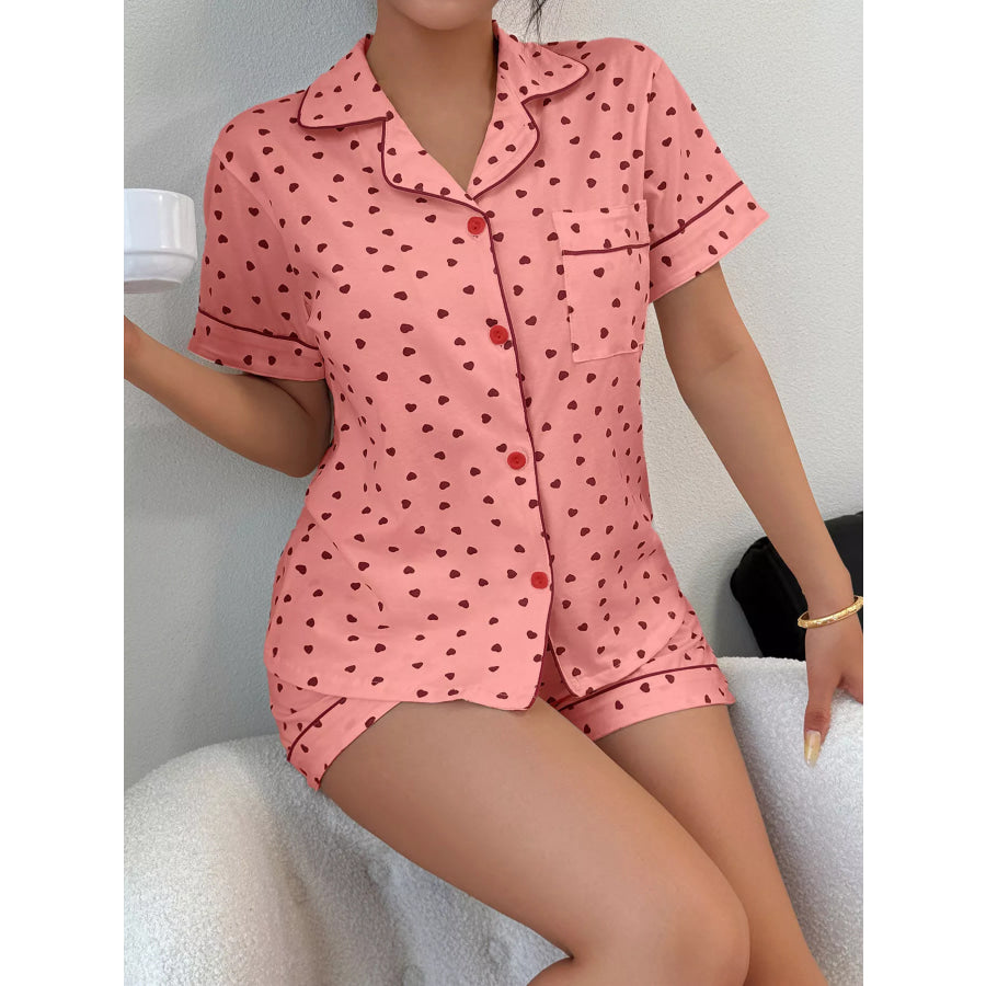 Heart Print Button-Down Short Sleeve Top and Shorts Lounge Set Apparel Accessories