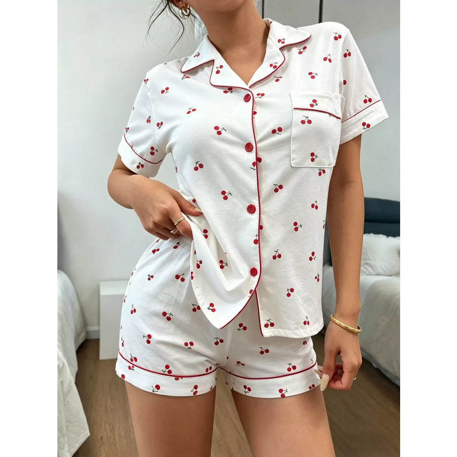 Heart Print Button-Down Short Sleeve Top and Shorts Lounge Set Apparel Accessories