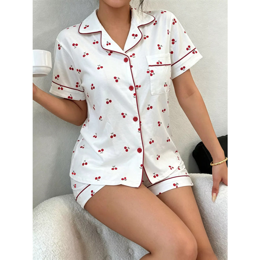 Heart Print Button-Down Short Sleeve Top and Shorts Lounge Set Apparel Accessories