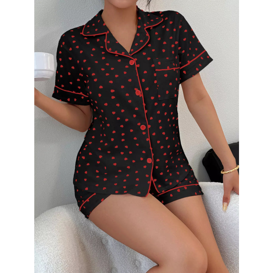 Heart Print Button-Down Short Sleeve Top and Shorts Lounge Set Apparel Accessories