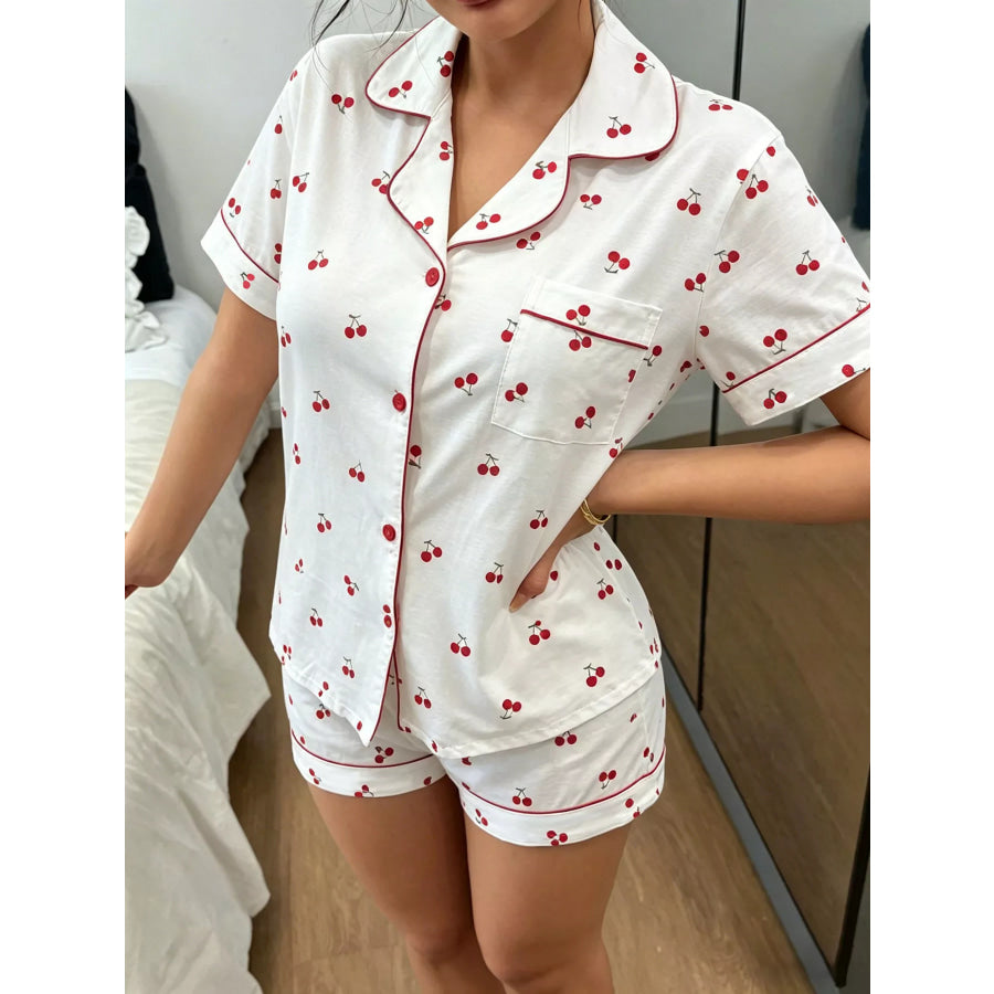 Heart Print Button-Down Short Sleeve Top and Shorts Lounge Set Cherry / S Apparel Accessories