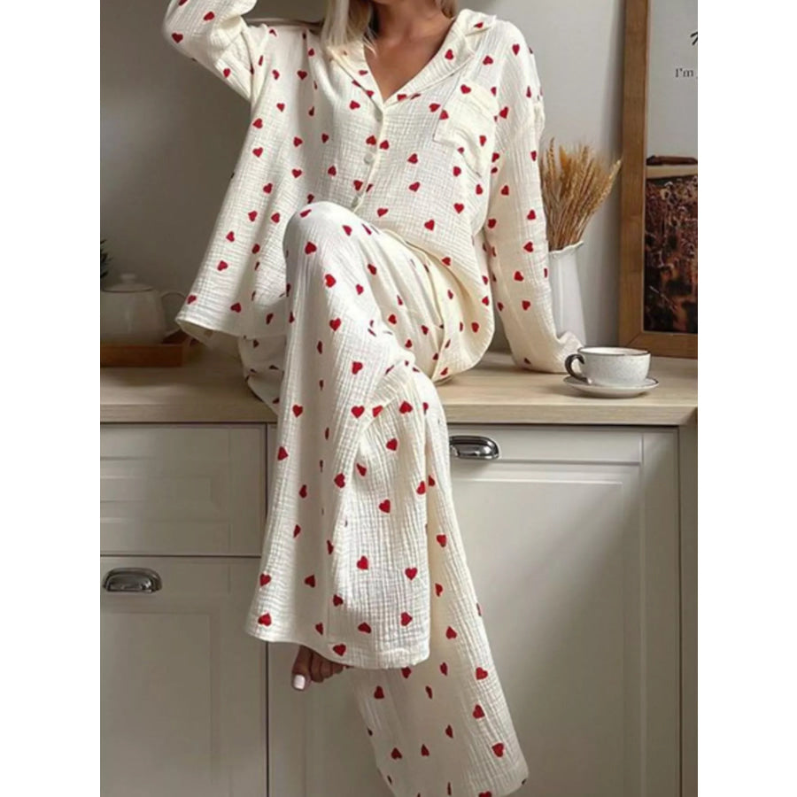 Heart Print Button Up Top and Pants Lounge Set Apparel and Accessories