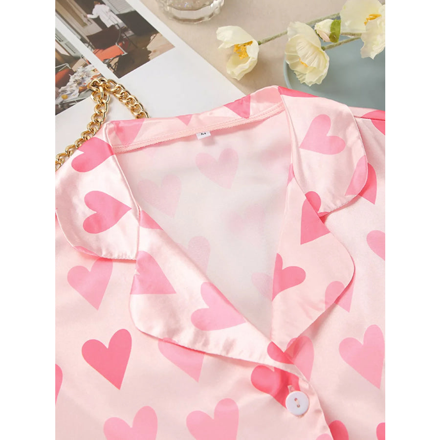 Heart Print Button Up Top and Pants Lounge Set Apparel and Accessories