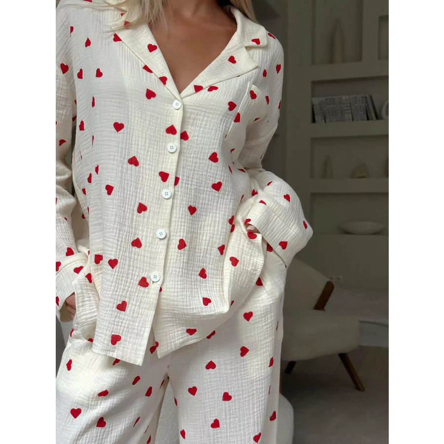 Heart Print Button Up Top and Pants Lounge Set Apparel and Accessories