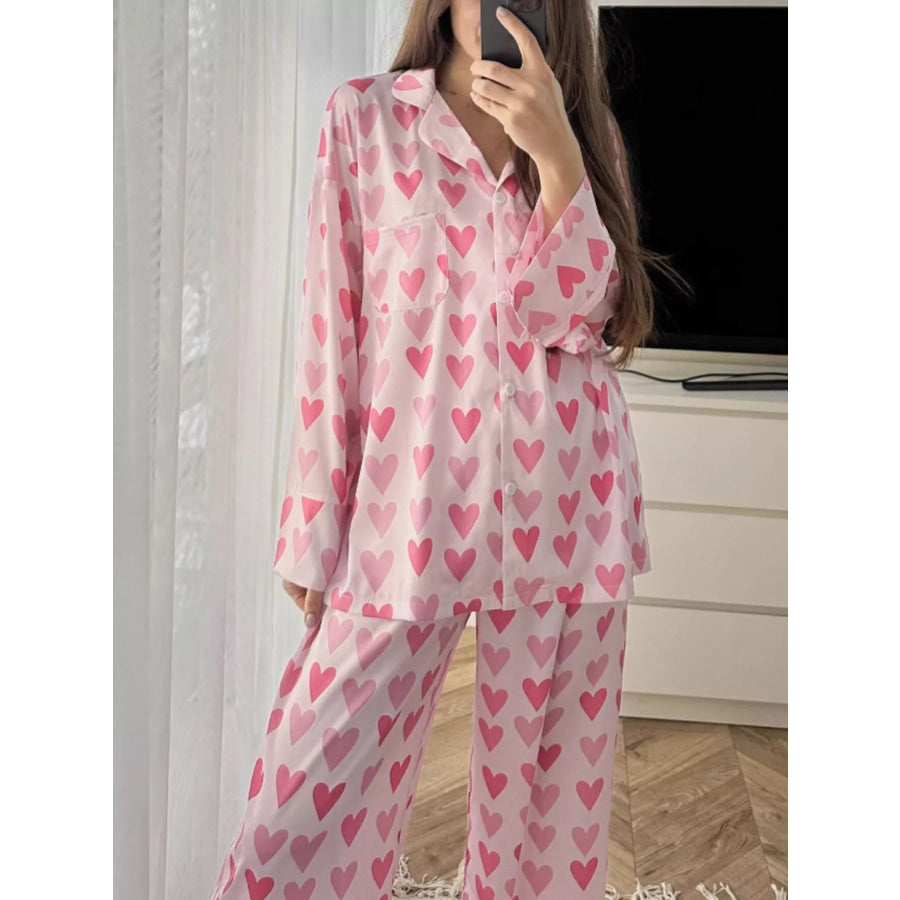 Heart Print Button Up Top and Pants Lounge Set Apparel and Accessories