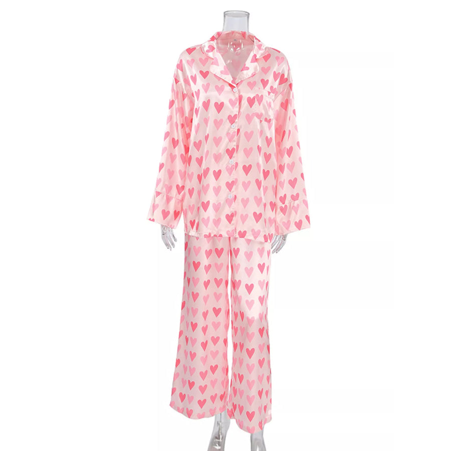 Heart Print Button Up Top and Pants Lounge Set Apparel and Accessories