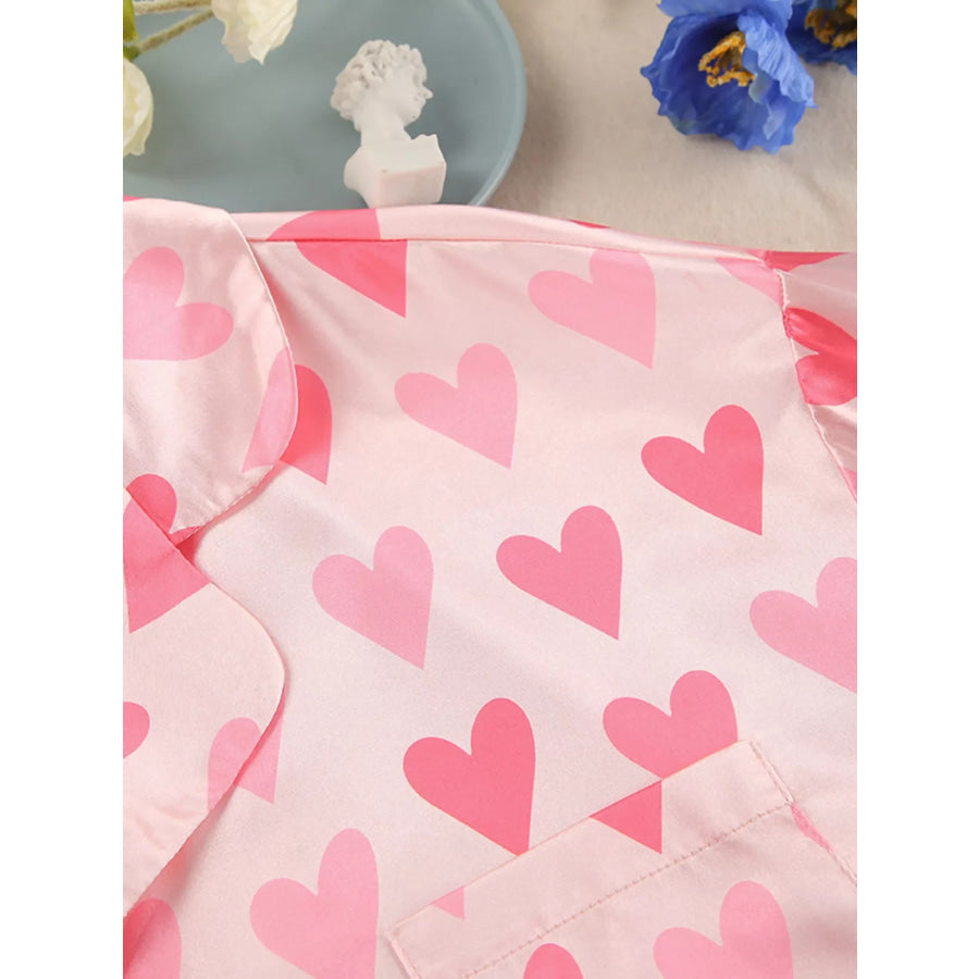 Heart Print Button Up Top and Pants Lounge Set Apparel and Accessories