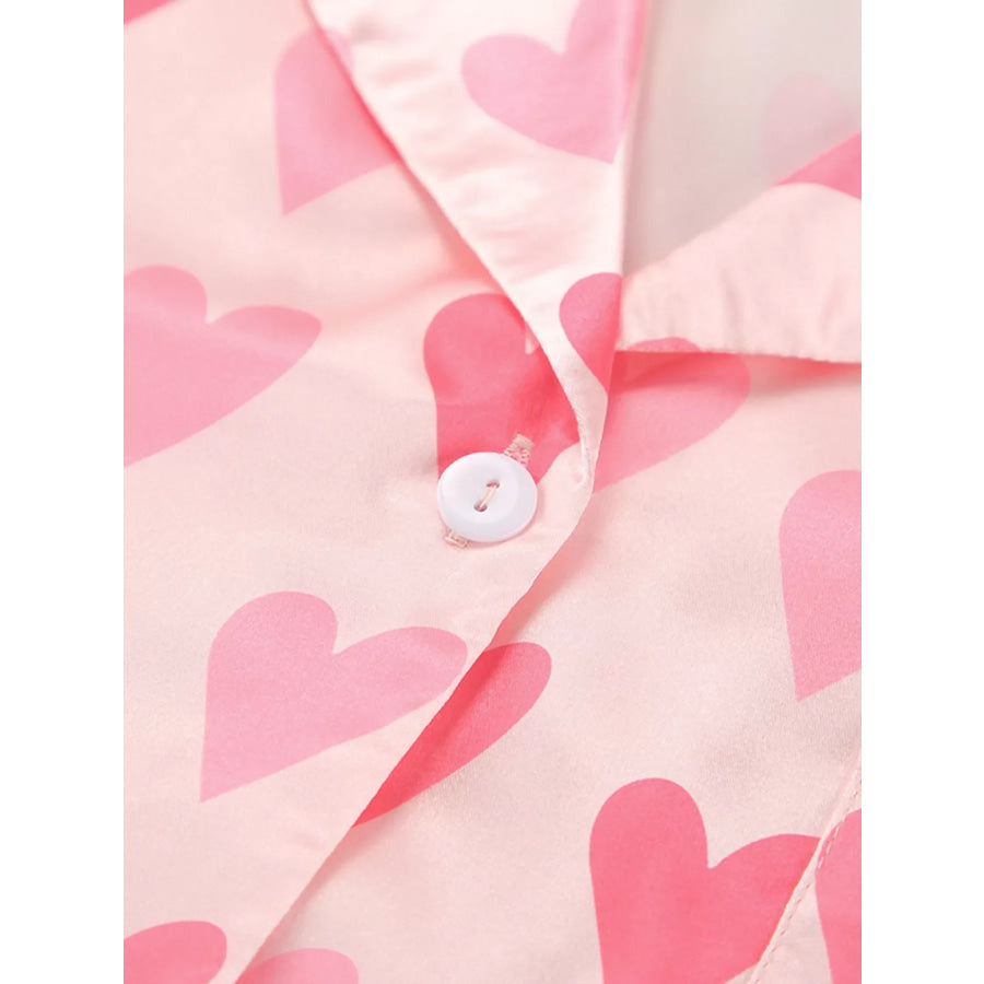 Heart Print Button Up Top and Pants Lounge Set Apparel and Accessories