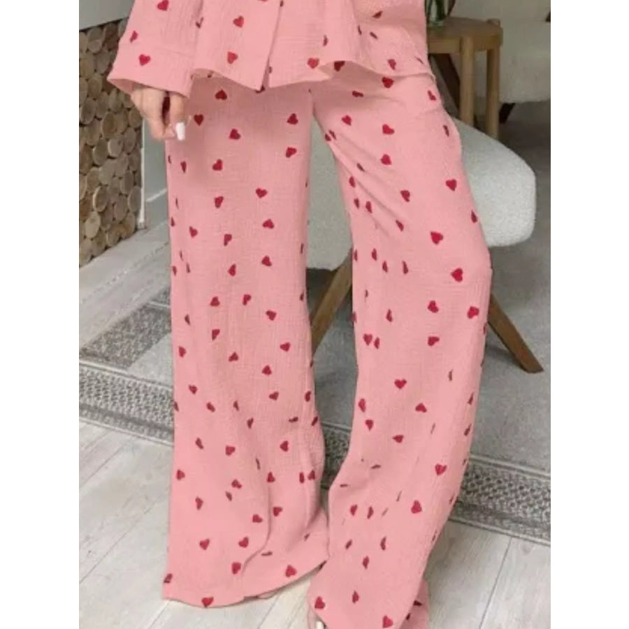 Heart Print Button Up Top and Pants Lounge Set Apparel and Accessories