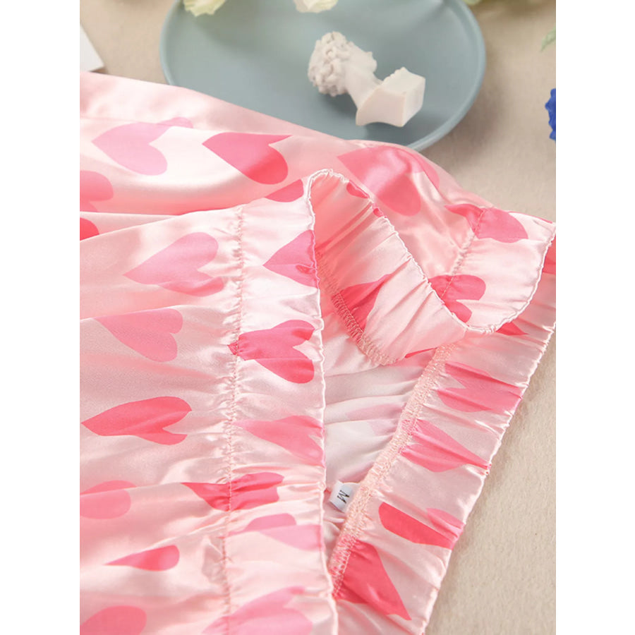 Heart Print Button Up Top and Pants Lounge Set Apparel and Accessories