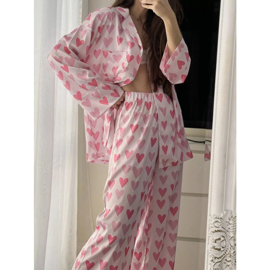 Heart Print Button Up Top and Pants Lounge Set Apparel and Accessories