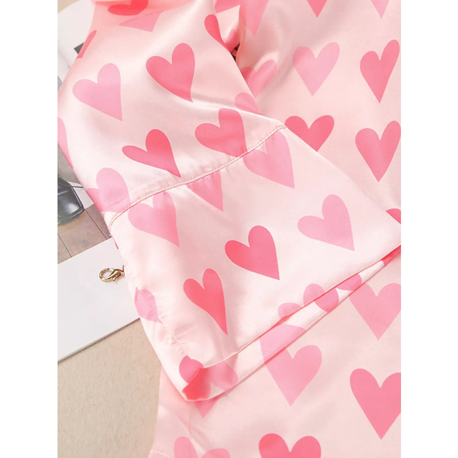 Heart Print Button Up Top and Pants Lounge Set Apparel and Accessories