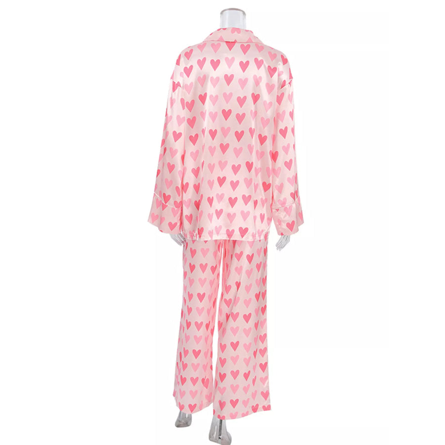 Heart Print Button Up Top and Pants Lounge Set Apparel and Accessories