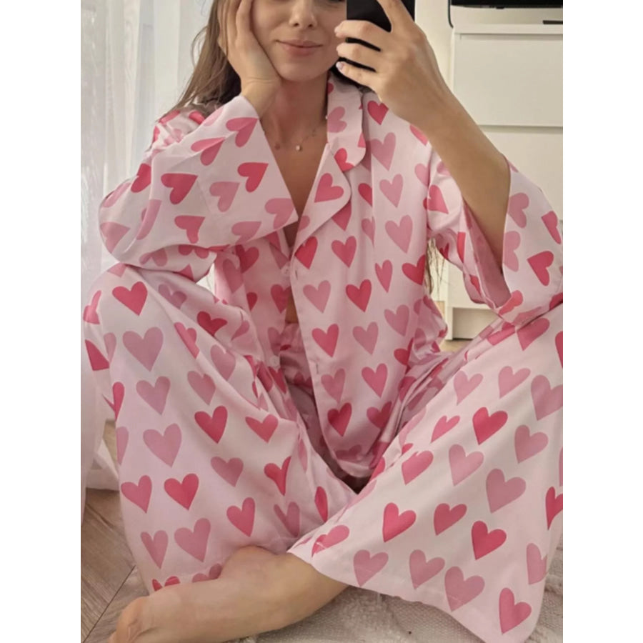 Heart Print Button Up Top and Pants Lounge Set Apparel and Accessories