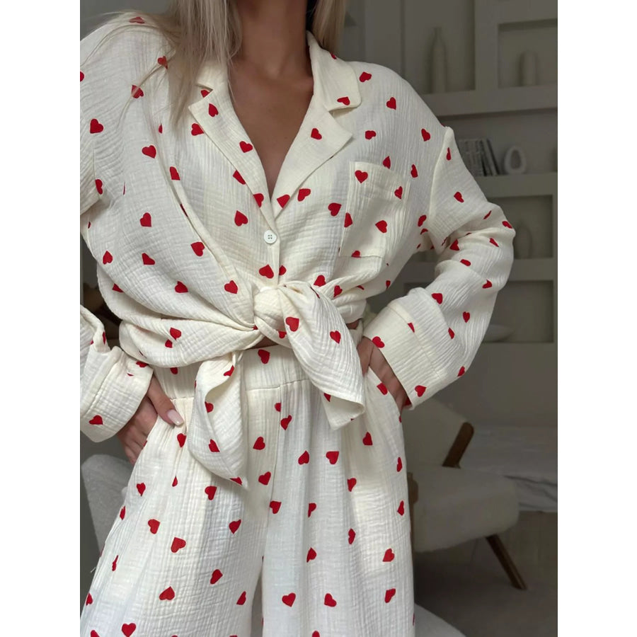 Heart Print Button Up Top and Pants Lounge Set Apparel and Accessories
