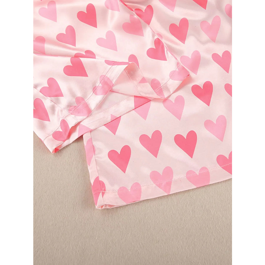 Heart Print Button Up Top and Pants Lounge Set Apparel and Accessories