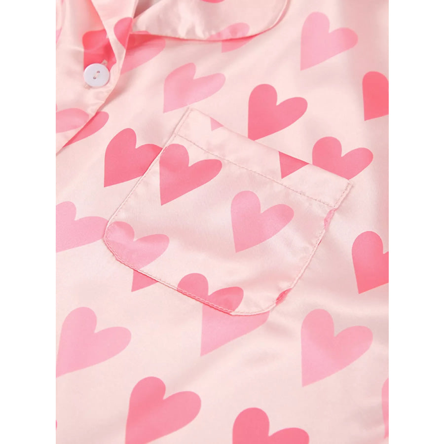Heart Print Button Up Top and Pants Lounge Set Apparel and Accessories