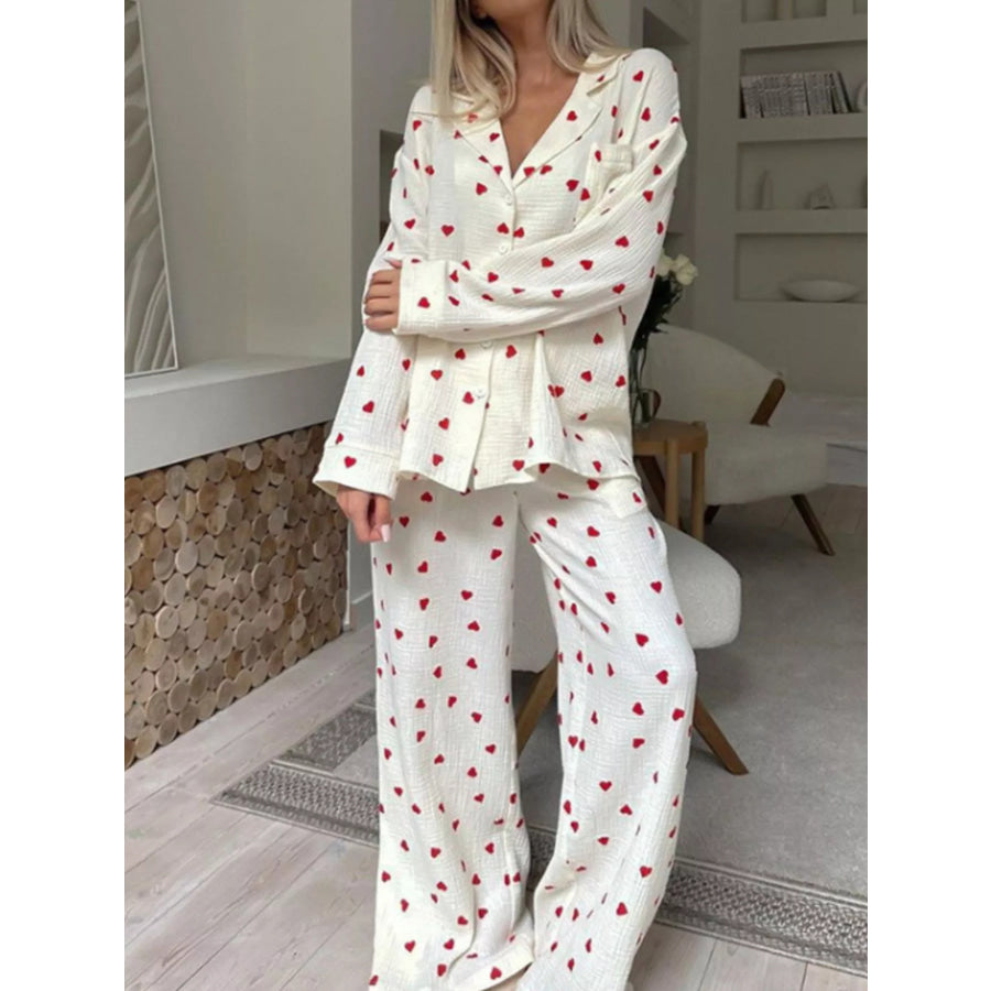 Heart Print Button Up Top and Pants Lounge Set Apricot / S Apparel and Accessories