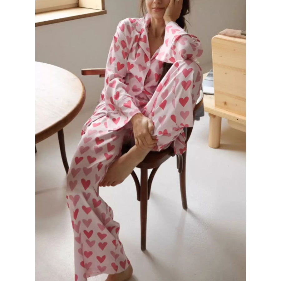 Heart Print Button Up Top and Pants Lounge Set Blush Pink / S Apparel and Accessories