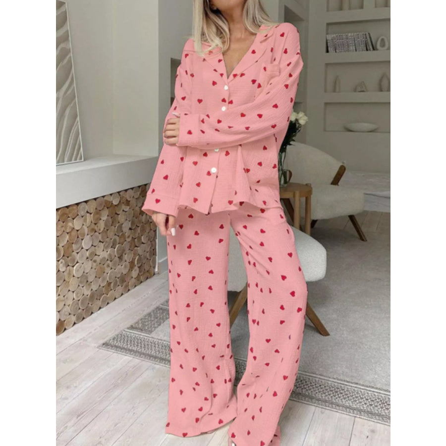 Heart Print Button Up Top and Pants Lounge Set Pink / S Apparel and Accessories