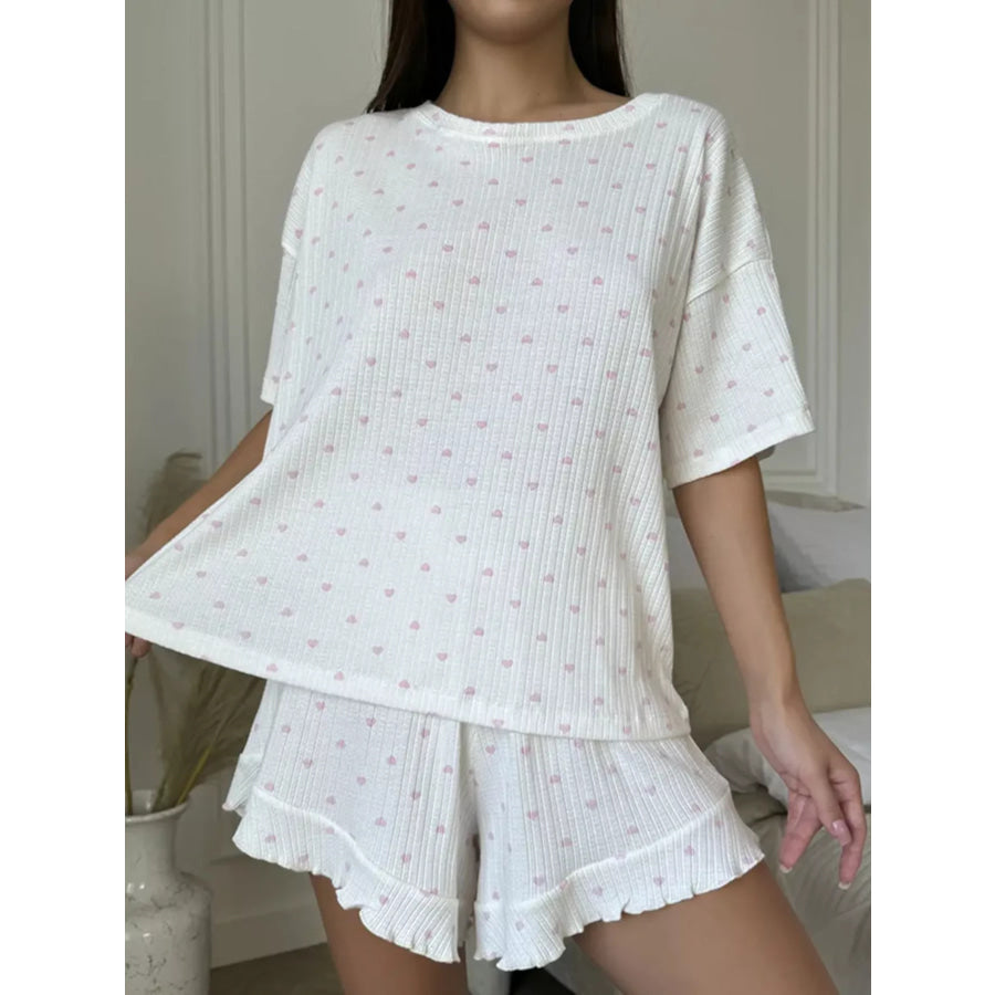 Heart Print Casual Top and Shorts Lounge Set Apparel and Accessories