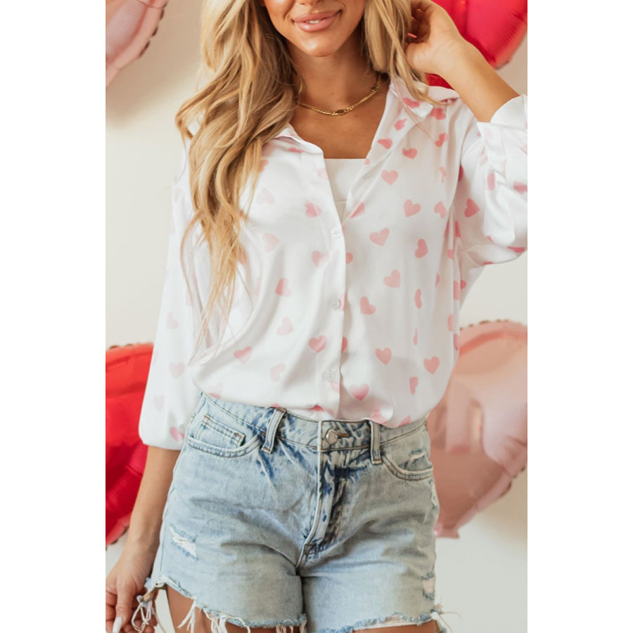 Heart Print Collared Neck Long Sleeve Shirt White / S Apparel and Accessories